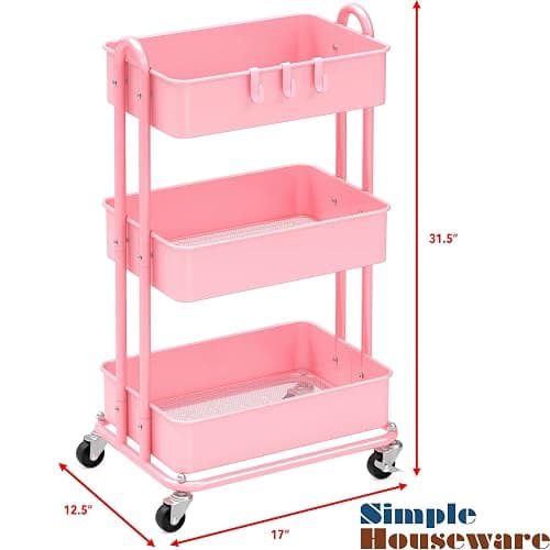 Simple Houseware 3-Tier Heavy Duty Metal Utility Rolling Cart, Pink thumbnail 3