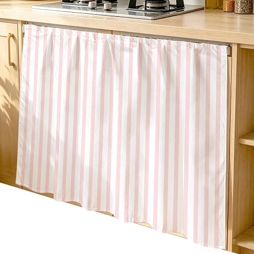 *BOUGHT* Pink Striped Cabinet Curtains for Kitchen Modern Stripes Farmhouse Rustic Simple Utility Sink Skirt, Under Sink Curtain for Laundry Room and Wider Cabinets, 35" W x 35" L thumbnail 3