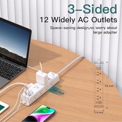 Surge Protector Power Strip - 10 FT Extension Cord, Power Strip with 12 Widely AC Outlet 4 USB, Flat Plug Wall Mount Overload Protection, 1050J, Desk Charging Station for Home Office, ETL Listed,White thumbnail 8