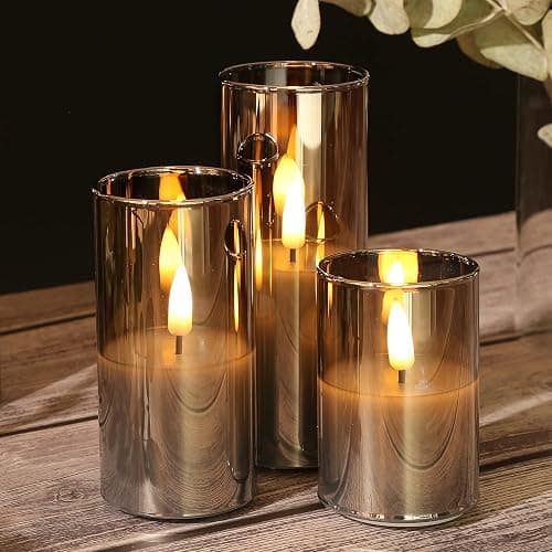 Eywamage 5 Pack Grey Glass Flameless Candles with Remote, Flickering Slim Tall LED Pillar Votive Candles Battery Included - Gray thumbnail 7