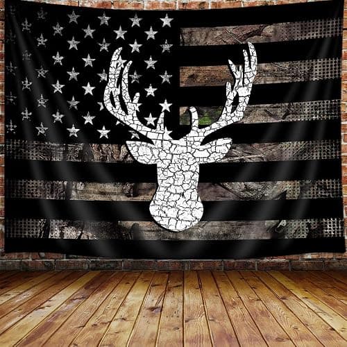 VEIGIKE American Flag Hunting Tapestry, Western Black and White Country Deer Tapestry Wall Hanging for Men Bedroom Room, Rustic Camo Tapestries Poster Blanket College Dorm Home Decor 60X40 Inches - Image 1