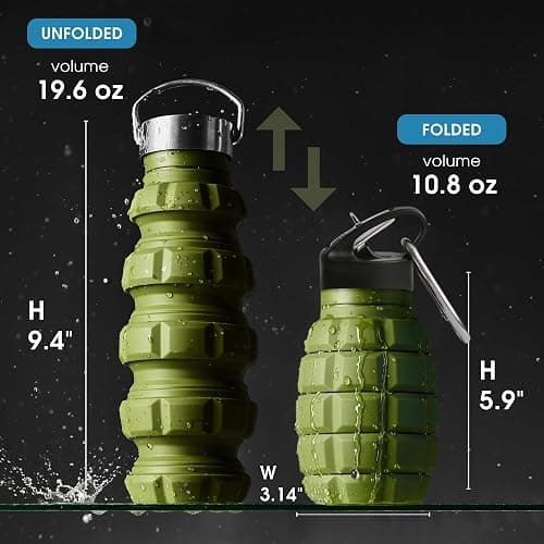 YARO Collapsible Water Bottles, 20oz Water Bottle with 2 Lids and Carabiner, Green Travel Water Bottle, Silicone Water Bottle BPA-Free, Slim Foldable Hiking Bottle thumbnail 2