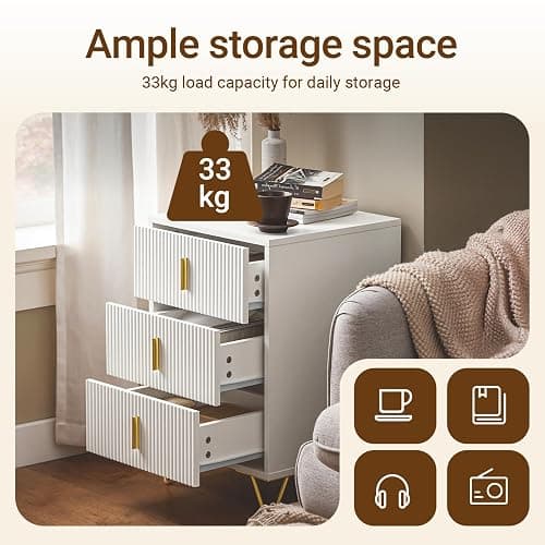 SoBuy Bedside Table 40cm Wide with 3 Drawers & Elegant Gold Handles Bedroom | Wooden metal nightstand with anti-tip device & protective foot pads, modern gold white design, 40x40x63.5 cm, FBT115-L-W thumbnail 5