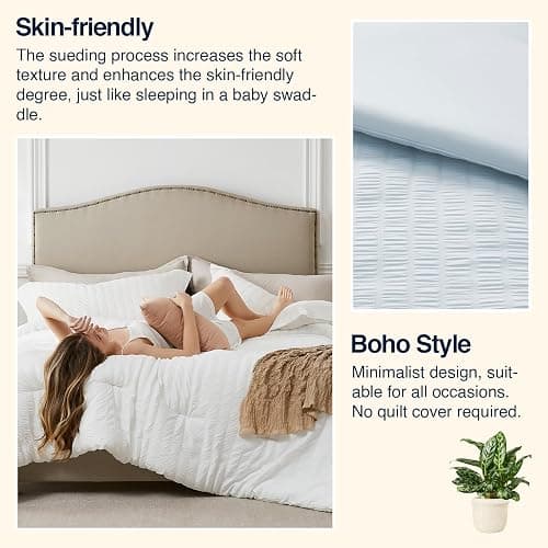 Quataly SkyBlue Queen Comforter Set - 3 Pieces Seersucker Lightweight Bedding Comforter Sets (1 Soft Fluffy Comforter & 2 Pillowcases) - All Seasons Cozy Modern Bed Sets thumbnail 7