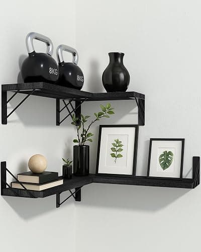 BAYKA Wall Mounted Floating Shelves, Wood Floating Wall Shelf for Books & Decor, Small Space-Saving Display & Organizer（Black，Set of 4） thumbnail 9
