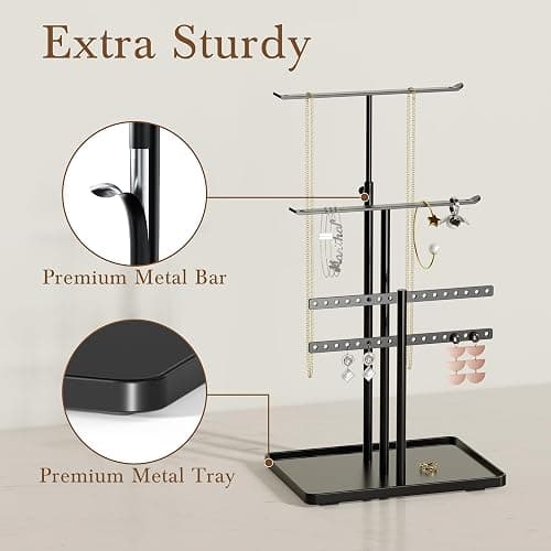 susswiff Jewelry Holder Organizer Stand - Adjustable Jewelry Tree 17.5" Height (Max), Jewlery Hanger for Necklaces, Bracelets, Earrings, Aesthetic for Storage and Display, Metal, Black thumbnail 5