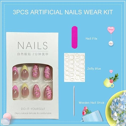 Tyuimhx 3D Flowers Press on Nails Short Almond Fake Nail with 3D Stripe Designs Pink Yellow French Tip False Nails Summer Full Cover Stick on Nail Acrylic Artificial Glue on Nail for Women 24 Pcs thumbnail 5