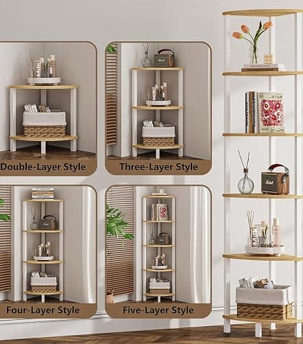 Corner Shelf, 6-Tier Corner Bookshelf, Industrial Corner Ladder Shelf, DIY Storage Shelves, Rustic Display Shelf for Living Room, Bedroom, Kitchen, Home Office, White and Nature Wood Color UJSJ004Q thumbnail 4