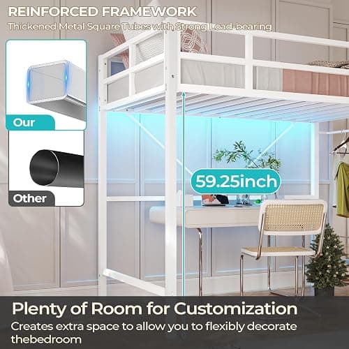 DICTAC Loft Bed Twin Size with Ladder and Guardrail,Metal Twin Loft Bed for Kid/Teen with Led Lights,Small Space Saving Furniture Design for Bedroom,Kid Room and Dorm,No Box Spring Needed, White thumbnail 7