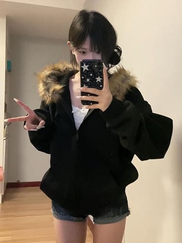 Dynict Women's Y2K Zip Up Hoodies with Fur Hood Winter Fuzzy Jackets Trendy Vintage Sweatshirt thumbnail 2