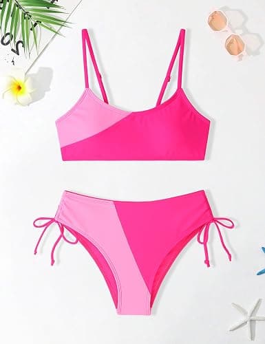 FoWear Girls Swimsuits Bikini Set 2 Pieces Color Block Bikini with Adjustable Shoulder Strap Girls Bathing Suit 7-16Y thumbnail 4