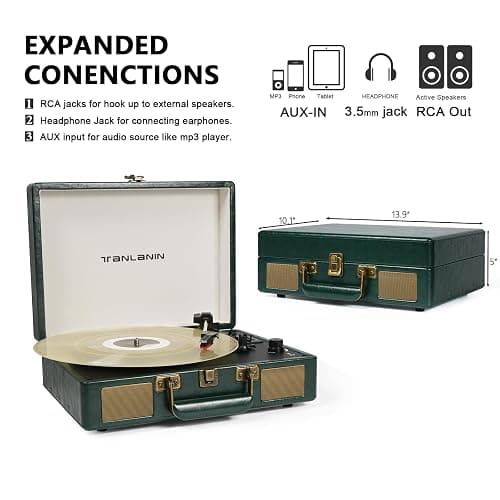 Vintage 3-Speed Bluetooth Portable USB Suitcase Record Player with Built-in Speakers | Upgraded Vinyl Turntable Audio Sound| Includes Extra Stylus & Mat | Green thumbnail 5