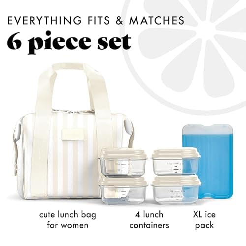 Fit & Fresh Neoprene Lunch Bag For Women, Insulated Womens Lunch Bag For Work, Tear & Stain Resistant Large Lunch Box For Women With Containers and Ice, Machine Washable Remi Bag, Ivory Stripe thumbnail 4