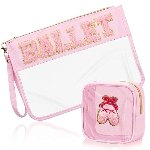 BuyCard 2 Pcs Ballet Gifts Cosmetic Makeup Bag with Chenille Letter Patch, Clear Pouch PVC Organizer Purse, Waterproof Travel Bag, Portable Toiletry Storage Bag for Her Girls Friends Women - Image 1