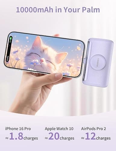 RORRY Mini Portable Charger USB C, 10000mAh PD 22.5W Fast Charging Small Power Bank, Travel Essential Battery Pack for iPhone 17/16/15 Series and Apple Watch Ultra/11/10/9/SE, iPad, Purple thumbnail 2