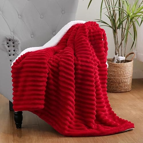 Linecooo Red Sherpa Fleece Throw Blanket 50”×60” for Couch Sofa Bed,Double Side Soft Fuzzy Cozy Plush Thick Flannel Blanket with Striped Design Gift for Adults,Woman,Girls - Image 1