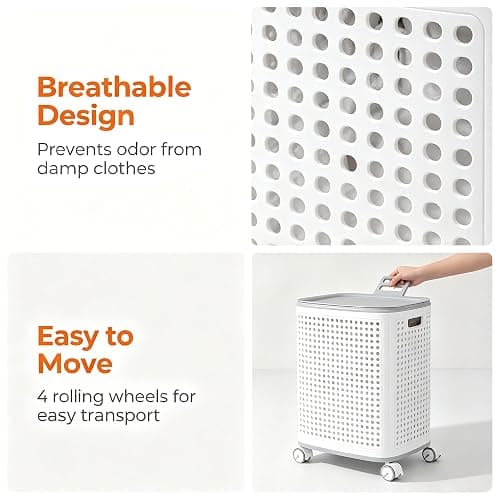 M.J COMFY-LIFE Laundry Basket with 360° Wheels and Lid Large Rolling Clothes Hamper with Built-in Storage Basket Ventilated Design for Laundry Room Bathroom Bedroom (Without Sidebar) thumbnail 5