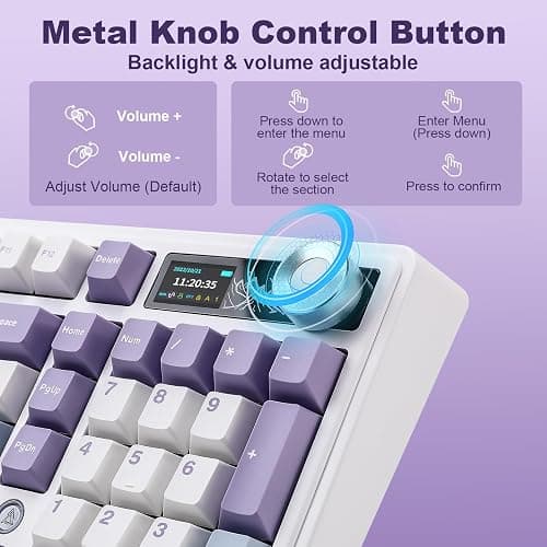 MIKIBY AJAZZ AK980 Mechanical Keyboard, Creamy & Thocky with Smart Display & Knob, 98% Wireless Tri-Mode BT/2.4G/USB-C, Hot Swappable, RGB Light for Win & Mac (Purple, Murad Switch) thumbnail 4
