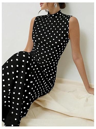 Milumia Women's Polka Dots Maxi Tank Dress Vintage Mock Neck Sleeveless Elegant Long Dresses thumbnail 5