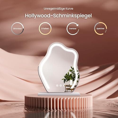 EMKE Hollywood Spiegel mit Beleuchtung, 3 Lichtfarben dimmbar, Schminkspiegel mit Beleuchtung, Schminktischspiegel mit Touch, 360 Grad Drehbar, asymmetrischer Spiegel 58x45cm (Weiß) thumbnail 2