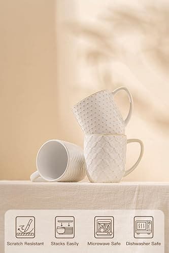 FOBENTA Ceramic Coffee Mugs Set of 4, 12oz Embossed Cups with Elegant Patterns – A Thoughtful Gift for Women, Mom, or Friends,Perfect for Tea, Latte, Cocoa (Arctic White, 12 OZ) thumbnail 5