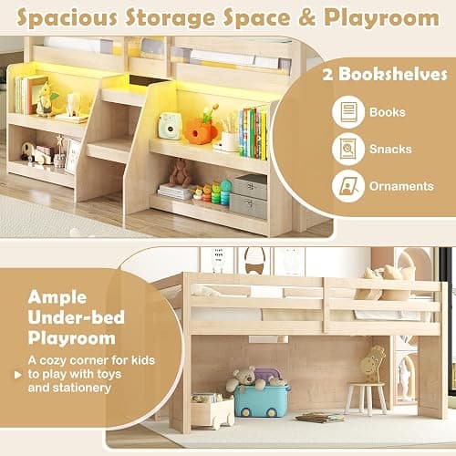 KOTEK Low Loft Bed with LED Lights, Twin Loft Bed with Storage Bookcase & Under-Bed Play Space, Stairs & Guardrails, Loft Bed Frame for Kids (Natural) thumbnail 5