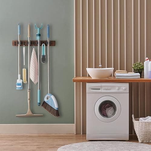 OUTNILI Mop and Broom Holder Wall Mount - Rustic Wood Broom Mop Hanger - Wall Mounted Garden Tool Rack Organizer for Closet Garage Laundry Room Kitchen Decor With 4 Slots & 4 Hooks thumbnail 2