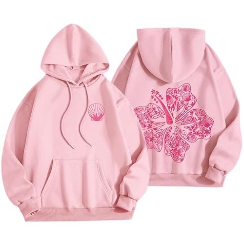 Lubpow Womens Cute Pink Flower Hoodie Aesthetic Preppy Hawaiian Hibiscus Sweatshirt Casual Puff Graphic Hoodies Pullover Tops - Image 1