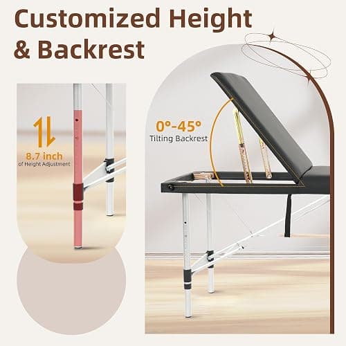 ABET Massage Table, 3 Fold Portable Professional Lash Tattoo Spa Bed, Height Adjustable 23.5" Wide Compact Facial Table with Detachable Oil Pocket Towel Rod Face Cradle Armrest, Aluminum Feet & Black thumbnail 7