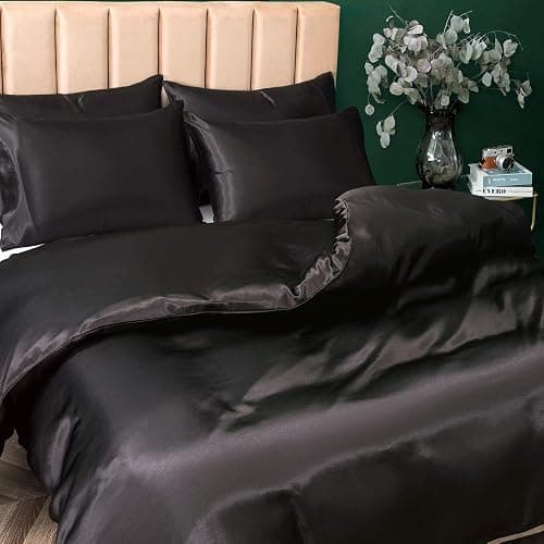 P Pothuiny 5 Pieces Satin Duvet Cover Full/Queen Size Set, Luxury Silky Like Black Duvet Cover Bedding Set with Zipper Closure, 1 Duvet Cover + 4 Pillow Cases (No Comforter) thumbnail 4