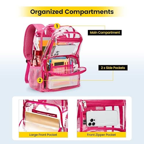 Vorspack Clear Backpack Heavy Duty - Large Transparent Bookbag for Adults, See Through Backpack for College, Work, Travel - Pink thumbnail 3