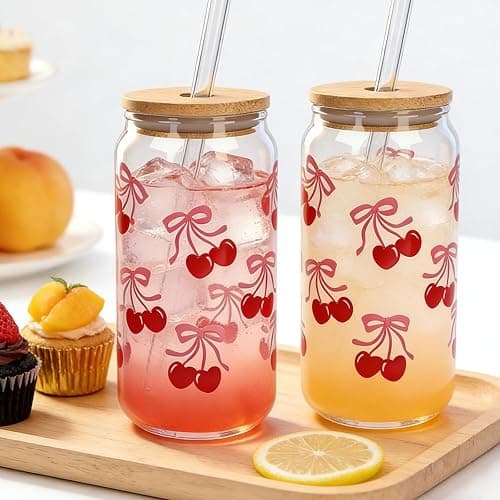 Mason Life Cherries Bows Glass Cups with Lids and Straws, 18OZ Cherry Decor Iced Coffee Cups with Lids, Cute Glass Cups Valentine's Day Gift for Women, Coquette Aesthetic Glass Cups -Set of 2 thumbnail 2