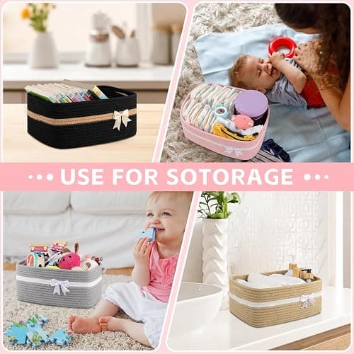 OIAHOMY Large Woven Storage Basket with Handles for Nursery Living Room Shelves, Bow Basket for Gifts Empty with Gift Bags and Ribbons for Baby Showers Pet Toy Bin - Pink thumbnail 4