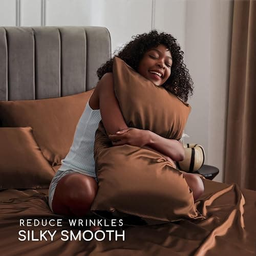 MR&HM Satin Bed Sheets, Full Size Sheets Set, 4 Pcs Silky Bedding Set with 15 Inches Deep Pocket for Mattress (Full, Brown) thumbnail 4
