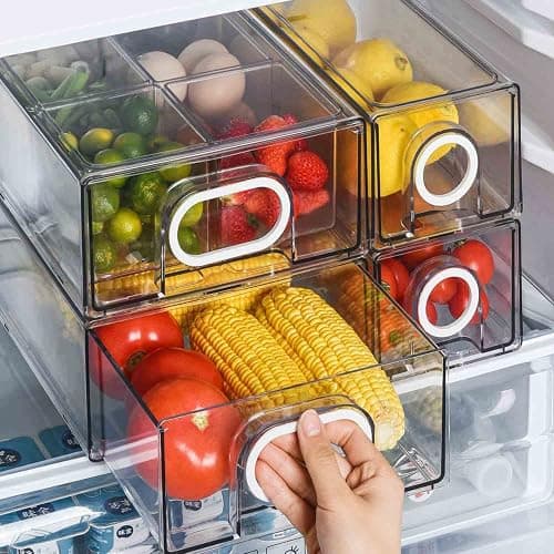 6 PCS Refrigerator Organizers And Storage Stackable Storage Drawers, Large Heavy Duty Fridge Organizer Bins Pull Out Refrigerator Organizer Bins, White Handle, 3 Drawers And 3 Small Cubes - Image 1