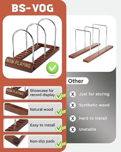 BS-VOG Now Playing Vinyl Record Stand, 50 LP Vinyl Record Storage with Non-slip Grooves, Wood Now Spinning Vinyl Record Holder for Albums Magazine Rack Magazine Organizer Record Display, Gift Package thumbnail 5