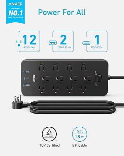 Anker Power Strip Surge Protector (2100J), 12 Outlets with 2 USB A and 1 USB C Port for Multiple Devices, 5ft Extension Cord, 20W Power Delivery Charging for Home, Office, Dorm Essential, TUV Listed thumbnail 2