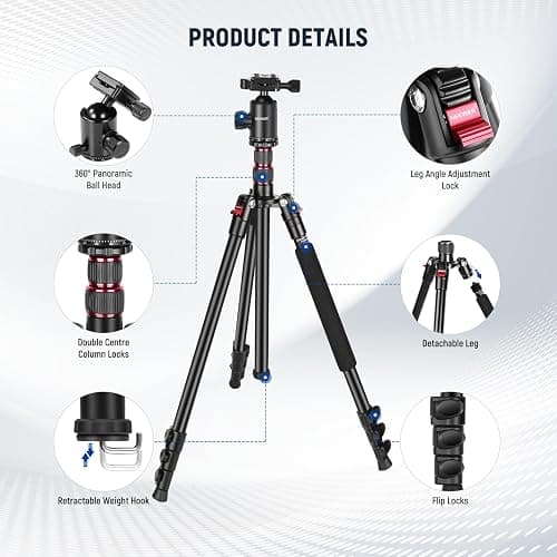 NEEWER 77 inch Camera Tripod Monopod for DSLR, Phone with 360° Panoramic Ball Head, 2 Axis Center Column, Arca Type QR Plate, Compact Aluminum Lightweight Travel Tripod 34lb Max Load, Bag Included - Travel Tripod thumbnail 7