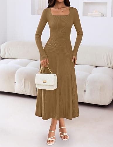 MEROKEETY Women's Sweater Dress 2025 Fall Winter Casual Long Sleeve Square Neck Pleated Church Work Knit Midi Dresses thumbnail 3