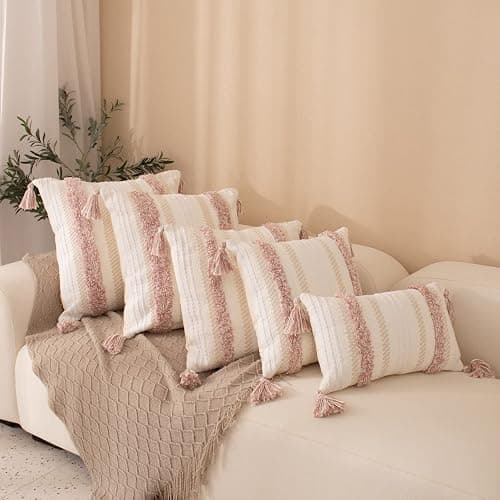 MeMoreCool Boho Tufted Lumbar Pillow Cover 12×20 with Tassels, Neutral Farmhouse Decorative Throw Pillow Case for Couch & Bed, 100% Cotton Woven, Hidden Zipper, Pink (Cover Only) thumbnail 5