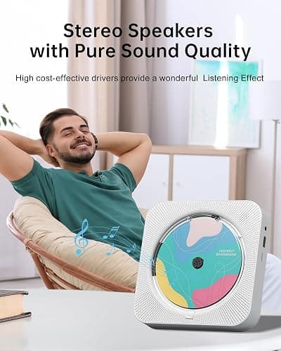 CD Player Portable with Bluetooth Desktop CD Players for Home with HiFi Sound Speakers,Mini Cute CD Player for Kids,Remote Control,Dust Cover,LED Display,Boombox FM Radio (White) thumbnail 3