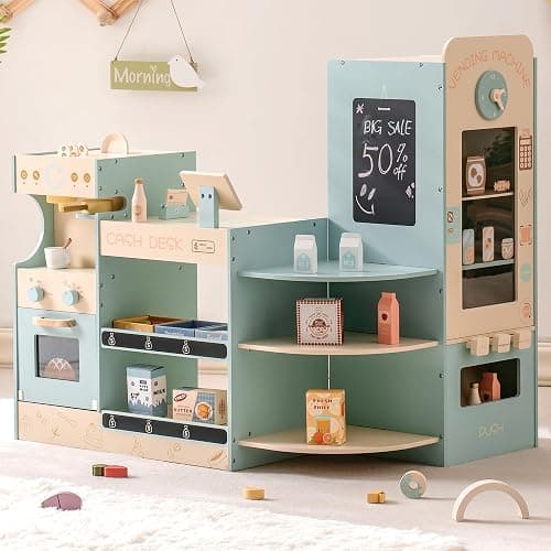 ROBUD Grocery Store Playset, Kids Play Store, Wooden Supermarket Playset with Cash Register, Chalkboard, Vending Machine, Coffee Machine, Oven, Play Food Accessories, Gift for Boys Girls 3+ - Image 1
