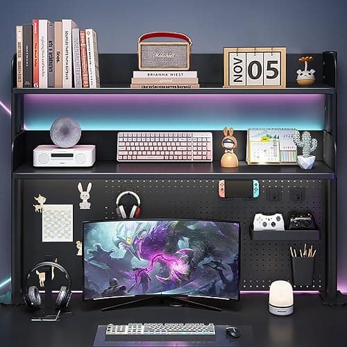 OXBZKMY Clamp on Desk Shelf with Pegboard, Black Desktop Organization Bookshelf Storage Shelves for Home Office Dorm Gaming Desk, Space Saving Tabletop Display Rack (Black, 39.5(W) x37.5in(H)) thumbnail 2