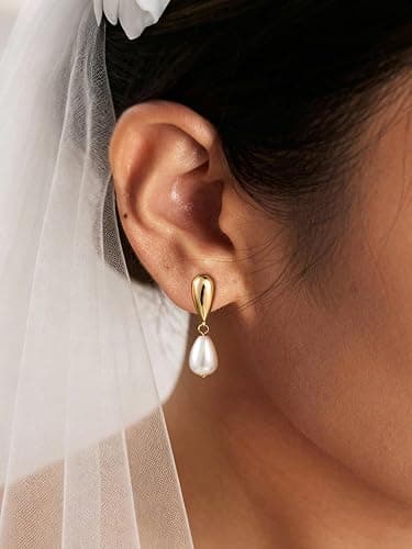 POAIIU Pearl Earrings for Women,14K Gold/Silver Plated Dangle Drop Earrings | Dangling Hypoallergenic Lightweight Dainty Wedding Bridesmaid Jewelry Gift thumbnail 3