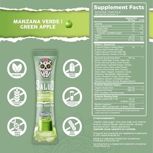 Salud 2-in-1 Greens Powder + Superfood Drink Mix Packets, 20+ Fruits and Veggies, Probiotics, Prebiotics, Supports Digestive Health, Bloating Relief, Vegan, Green Apple (15 Servings) thumbnail 2