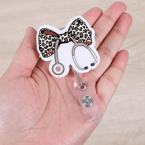Leopard Bow Stethoscope Badge Reel, Cute Retractable ID Card Badge Holder, Name Tag Work Badge Clip for ICU NICU RN LPN CNA MA ER Cardiology Night Shift Nurse Nursing Student OR GI Doctor, Nurse Gifts thumbnail 3