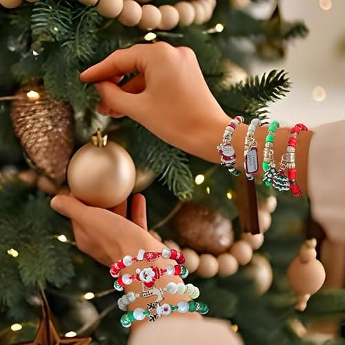 Bovemee Christmas Bracelets for Women Holiday Party Favors | Set of 8, Adjustable Fit, Festive Charms, Stocking Stuffers, Red & Green Beads thumbnail 7
