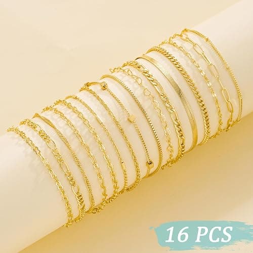 16 PCS Gold Bracelets for Women, Dainty Bracelets Set for Women Trendy, Gold Stackable Cuban Link Paperclip Chain Bracelet Pack Jewelry Gifts for Women thumbnail 7