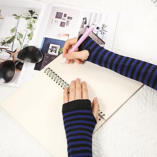 Foaincore 12 Pairs Striped Knit Arm Warmer Winter Knitted Long Fingerless Gloves Thumb Hole Stretchy Gloves Goth Knit Arm Sleeves for Women Costume Cosplay Accessories thumbnail 5