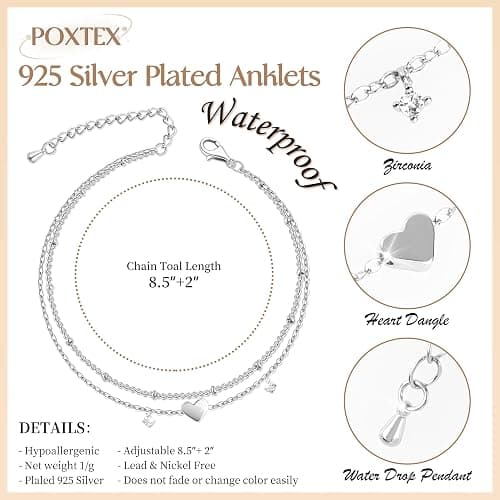 Gold/Sterling Silver Anklet Bracelets for Women Waterproof, Non Tarnish 925 Sterling Sliver Plated Heart Evileye Butterfly Charm, Dainty Summer Beach Anklets for Women, Beach Vacation Bikini Outfits for Her Mom thumbnail 6